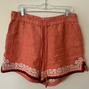 Anthropologie Beachy Linen Shorts Striped Pull on Drawstring Embroidered Medium
